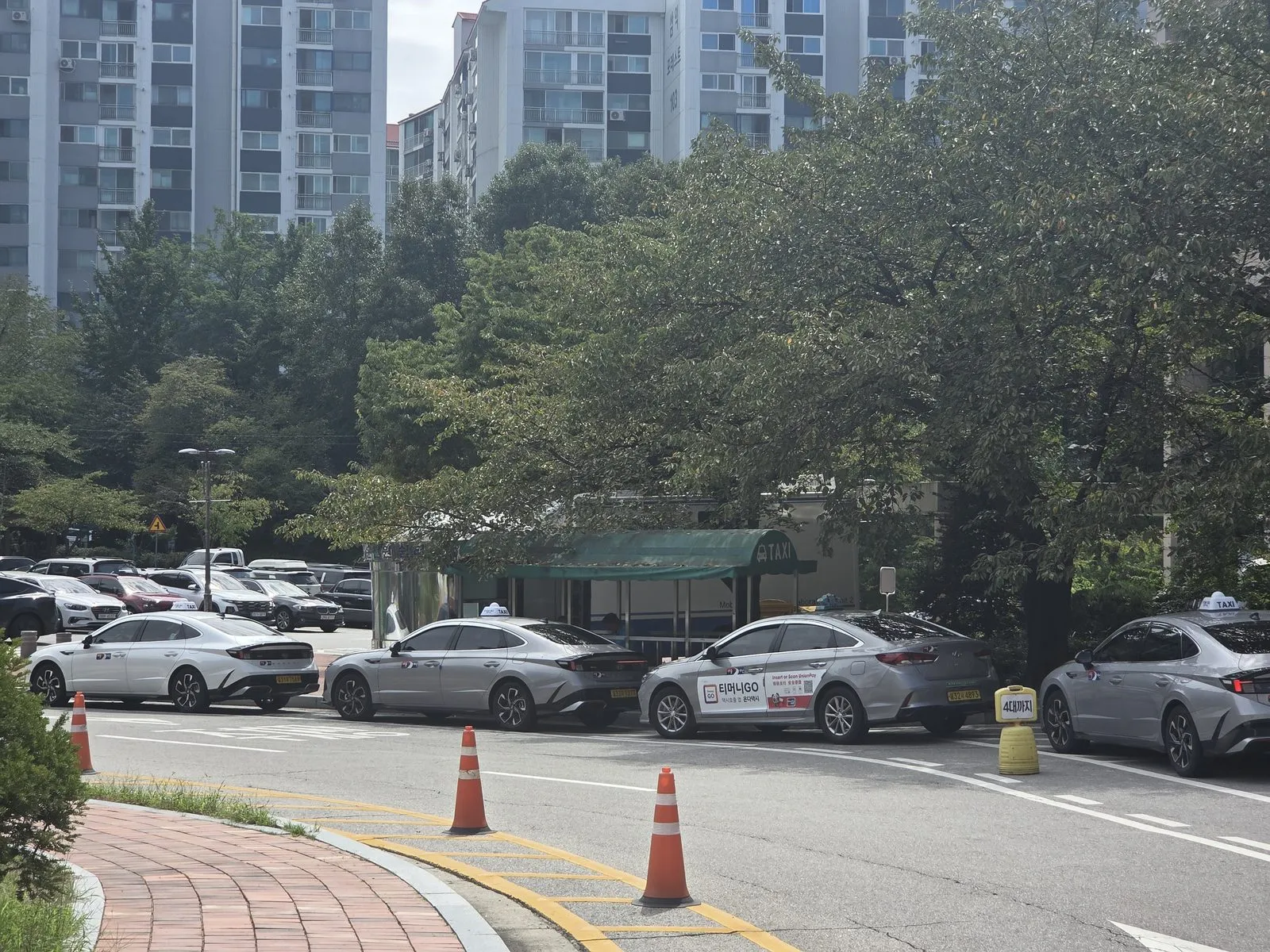 A line of silver taxis waiting at a rank, a TAXI sign over the shelter behind them, and ride app branding along the door of one of the cars